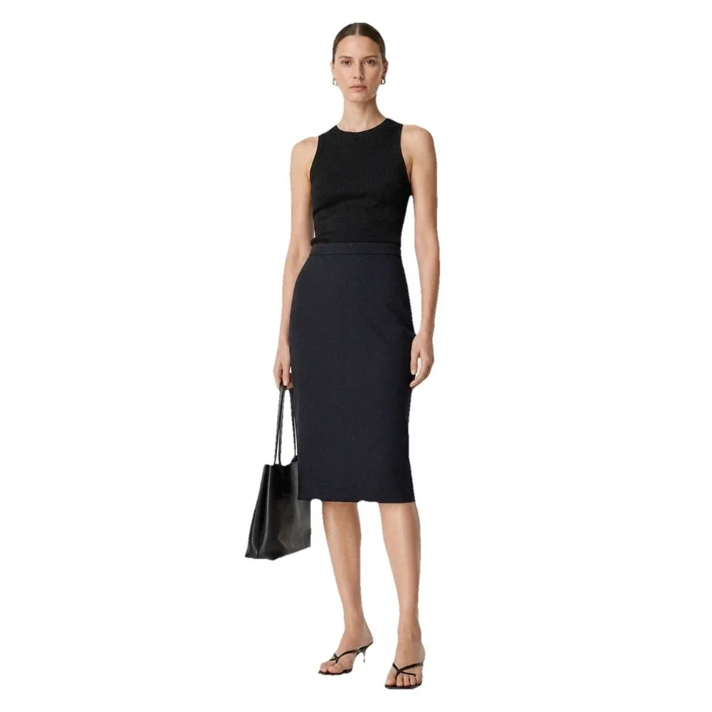 COS Pencil Skirt Navy Blue Midi Back Slit Stretch Cotton 10 Minimalist Quiet Lux
